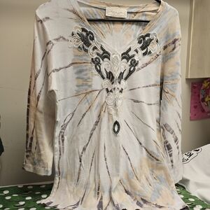 NATURE ART -  Cactus Tie-Dye V-Neck Long Sleeve Top with Embroidery L, nwot